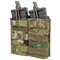 The Condor Double M4/M16 Open-Top Mag Pouch in Scorpion OCP holds two black rifle magazines, featuring pull tabs and front MOLLE webbing for easy attachment.